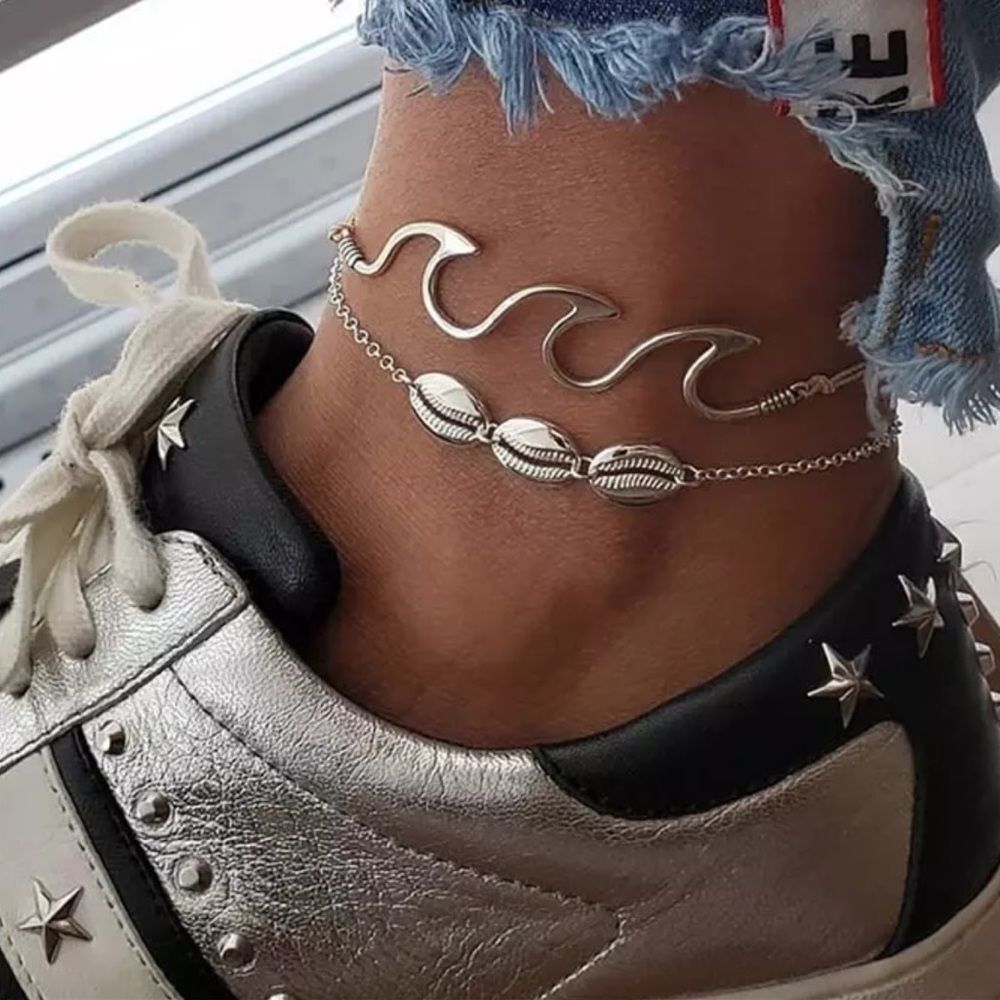Bohemian Ocean Wave & Seashell Silver Anklet (U3)